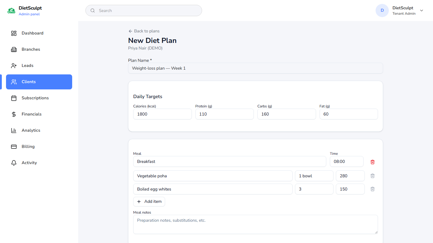 The DaaS diet plan builder, showing daily calorie and macro targets above a breakfast meal with its food items.
